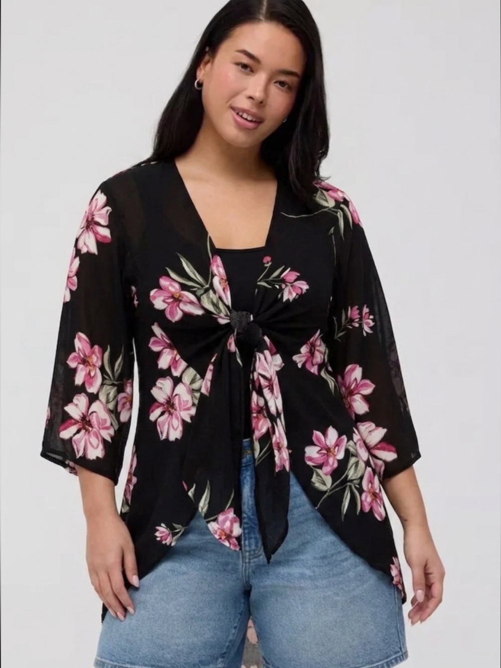 Torrid Floral Kimono Top Size 00/0 Large M/L 3/4 Sleeve Open Front Swim Cover Up